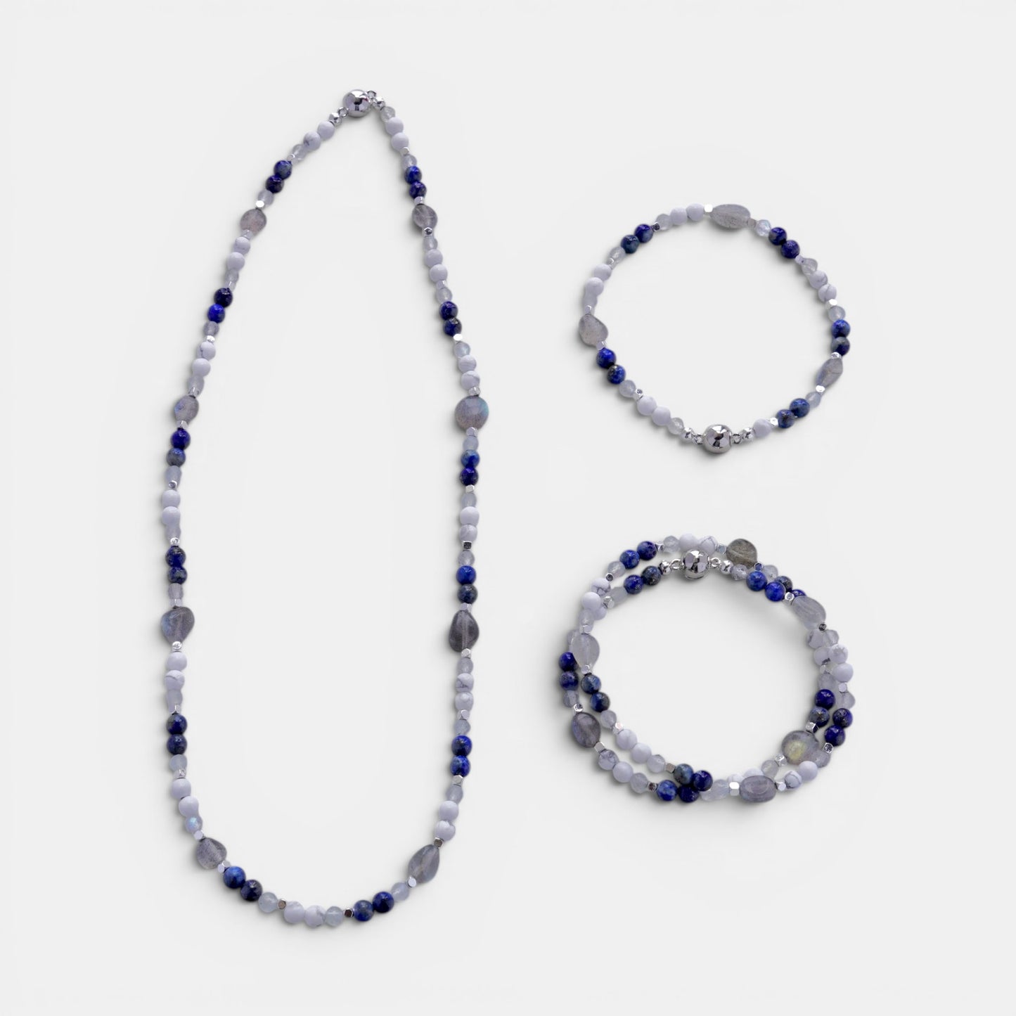 Hollywood Road Stories beaded necklace and double-strand stretch bracelet set with lapis, howlite, and labradorite.