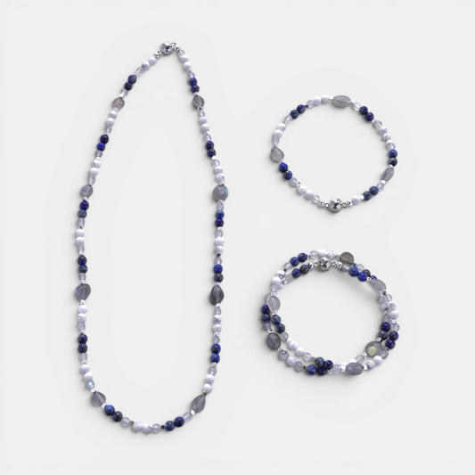 Hollywood Road Stories multi-stone beaded necklace and matching bracelets with howlite, lapis lazuli, and labradorite.