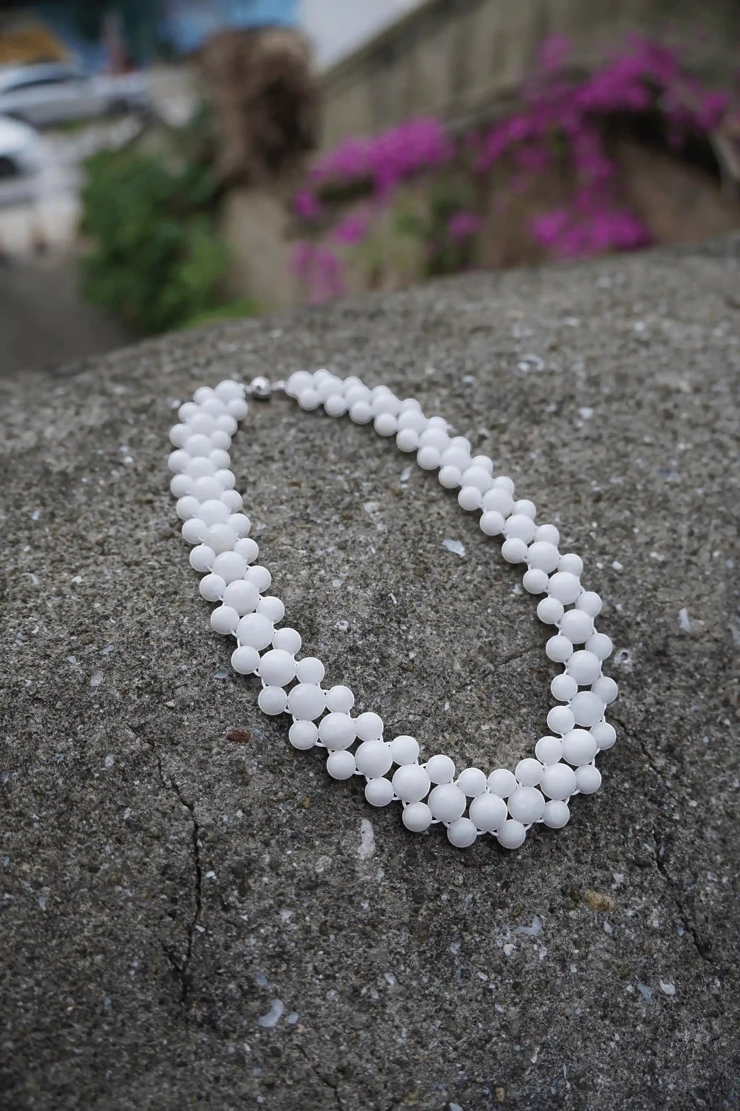 Hollywood Road Stories Pottinger multi-strand white beaded statement necklace with a silver-tone clasp.