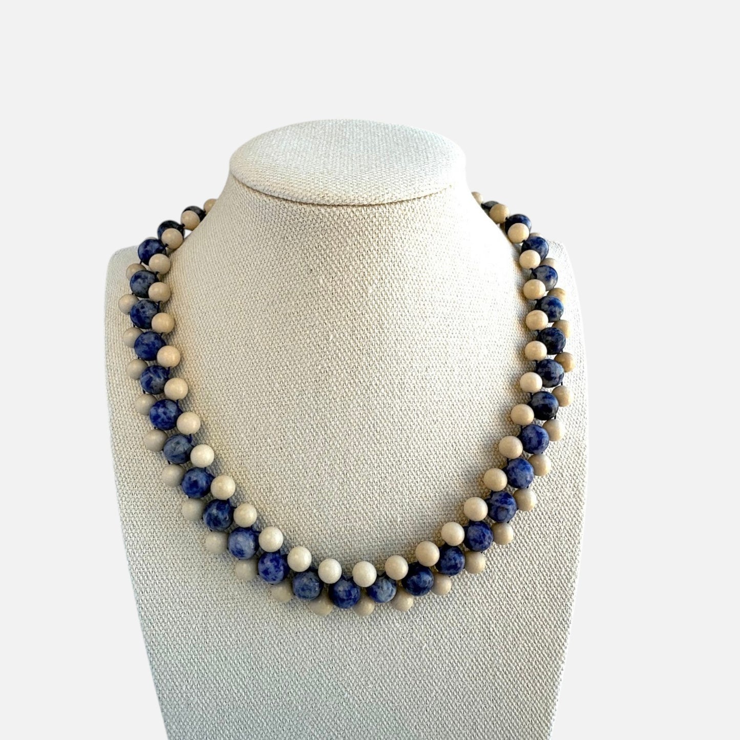 Hollywood Road Stories handcrafted double-strand statement necklace with off-white and marbled blue stone beads.