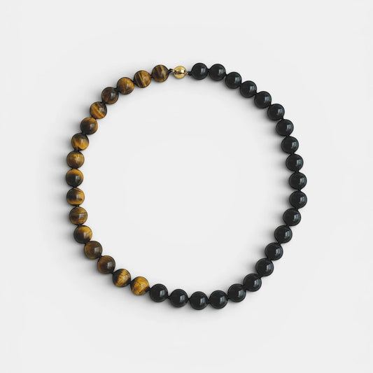 modern minimalist beaded choker necklace in onyx and tiger's eye