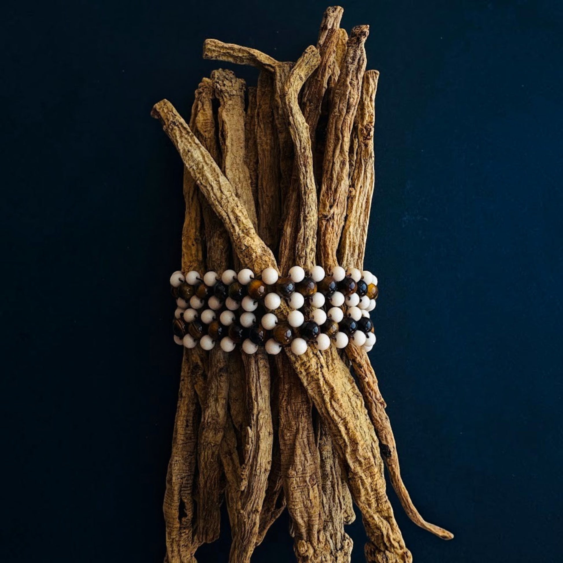 Hollywood Road Stories handcrafted multi-strand beaded necklace with tiger's eye and white beads wrapped around ginseng