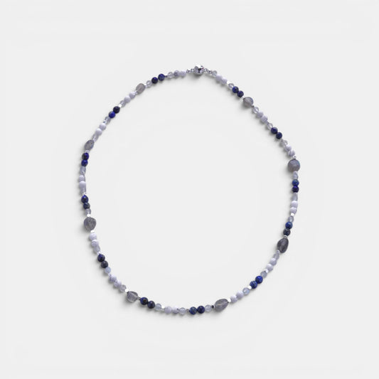 Hollywood Road Stories beaded gemstone necklace with blue lapis, white howlite, and grey labradorite with magnetic clasp