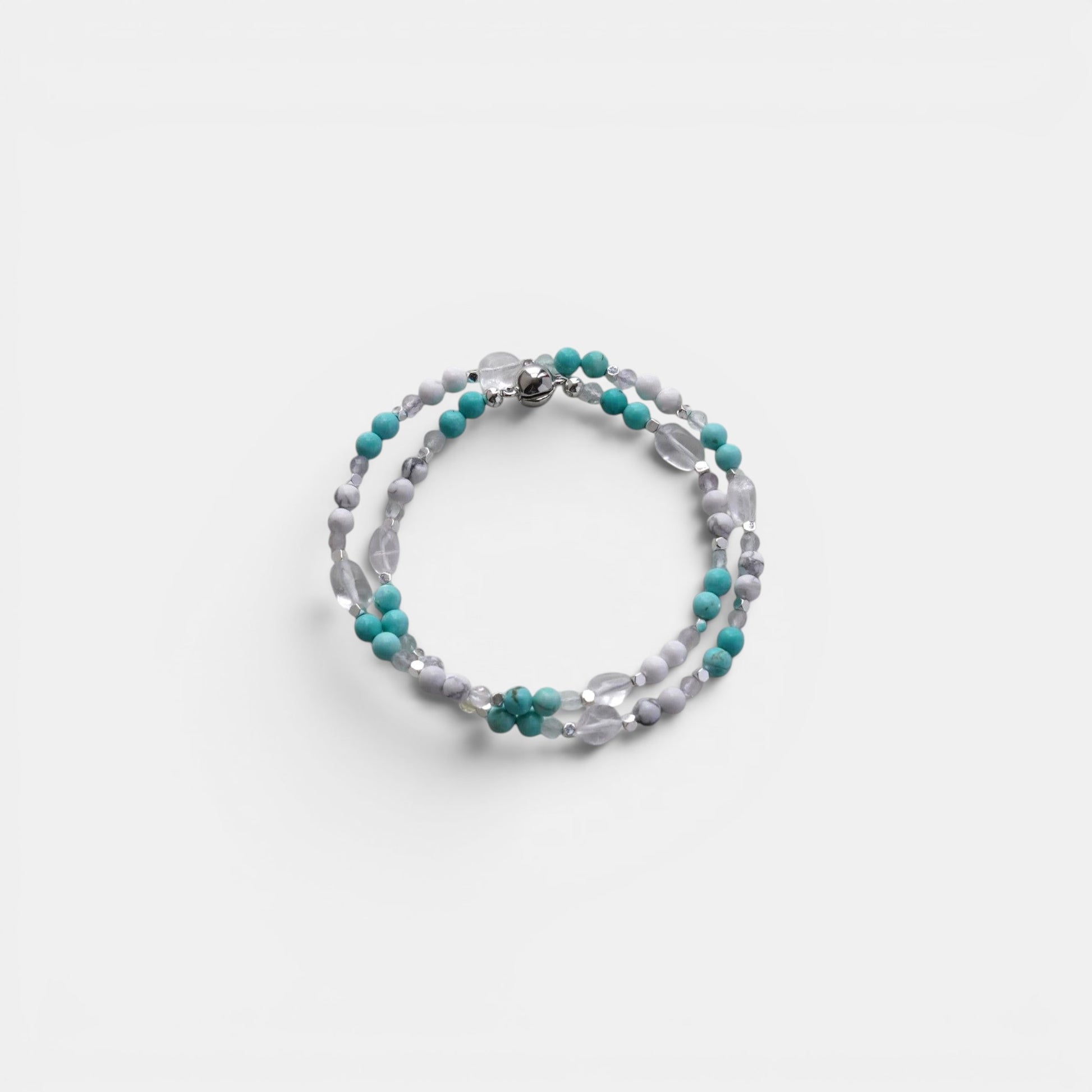 Hollywood Road Stories multi-strand beaded wrap bracelet with turquoise, white howlite, and clear crystal beads.