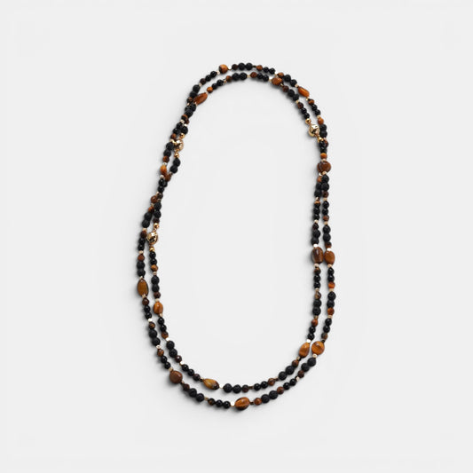 Hollywood Road Stories layered necklace with black onyx and tiger eye beads featuring gold metallic accents