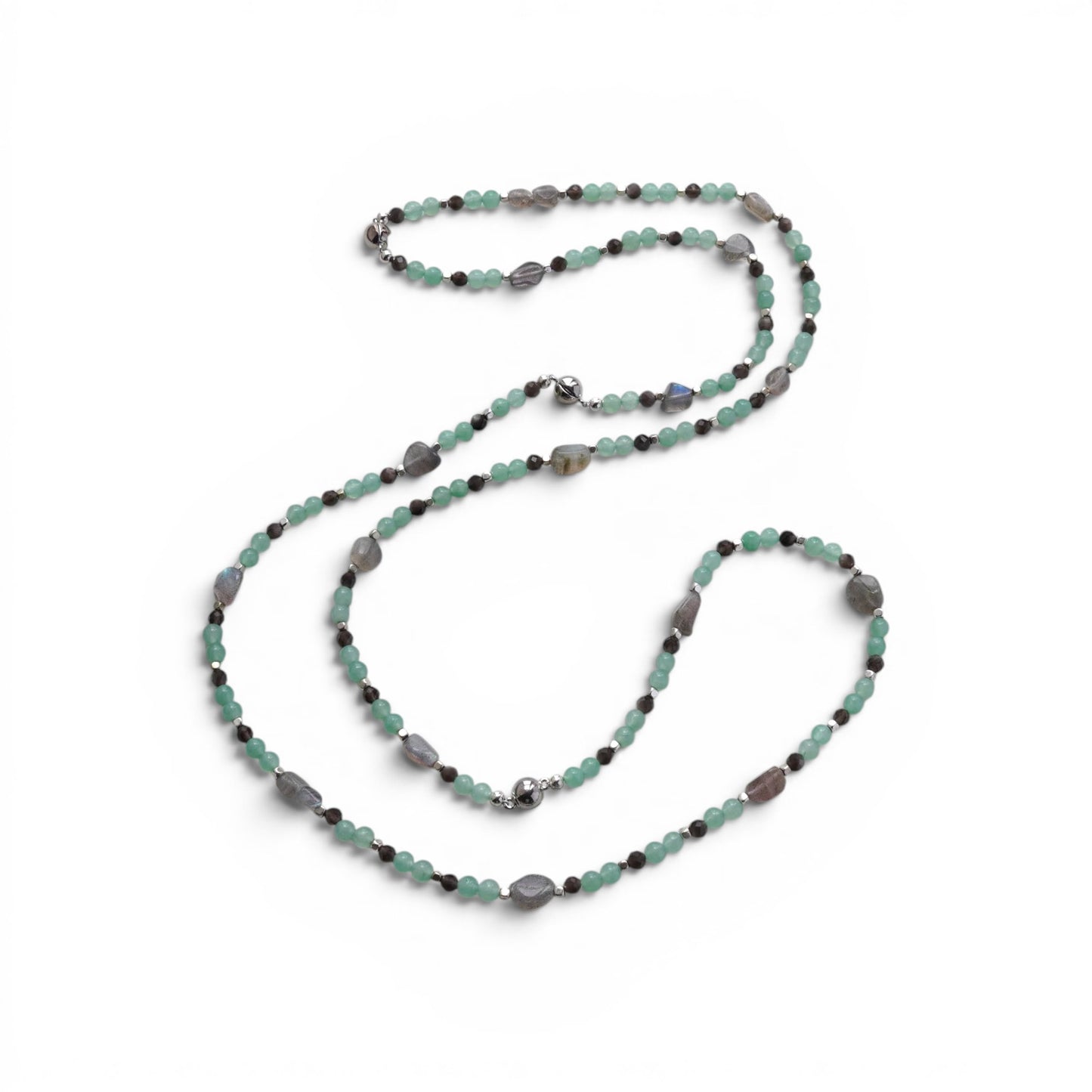 Hollywood Road Stories multi-strand necklace with mint green beads, faceted grey stones, and metallic accents.