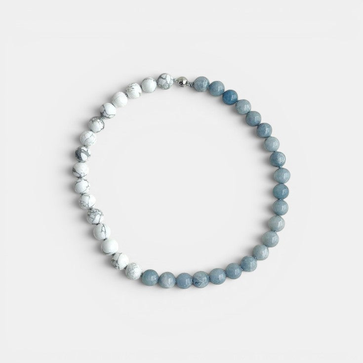 Hollywood Road Stories Bonham beaded necklace featuring white howlite and slate blue chalcedony with a magnetic clasp.