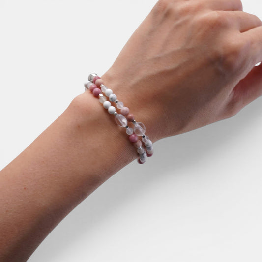 Hollywood Road Stories double-strand stretch bracelet with pink, white, and crystal beads on a wrist