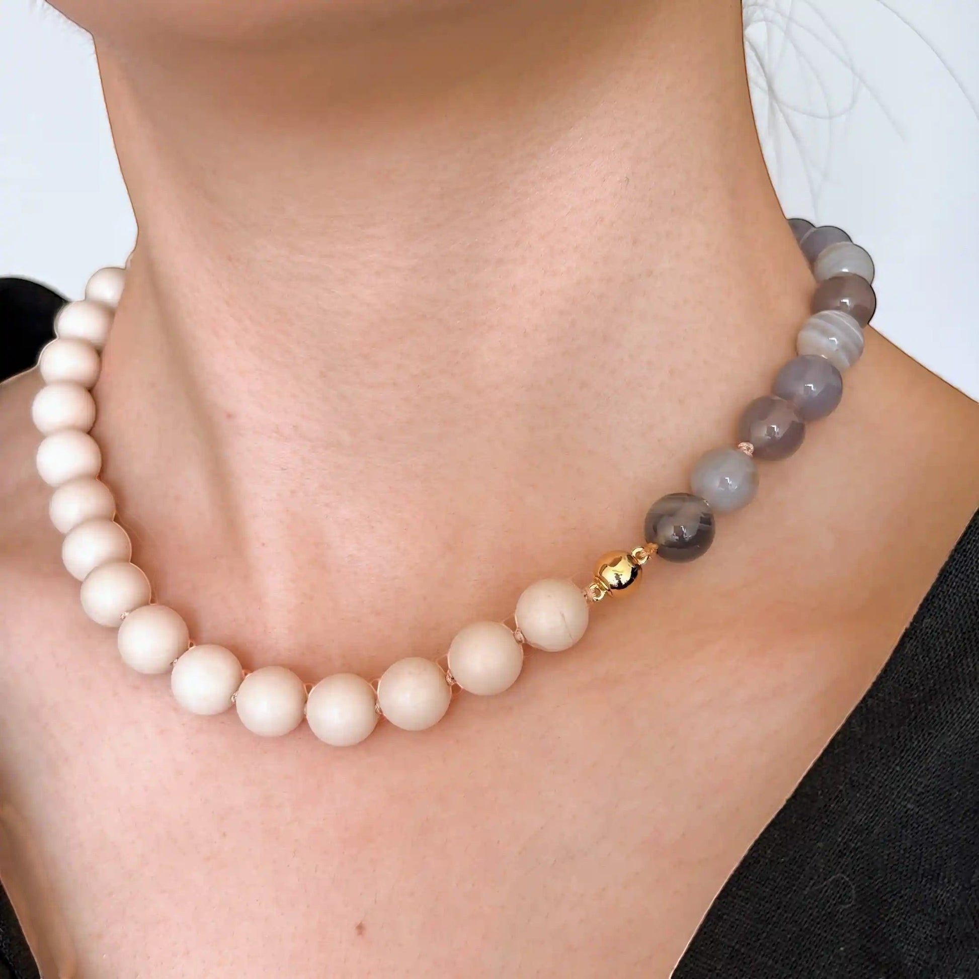 soft neutral hand knotted choker necklace in cream fossil jasper and smoky agate beads