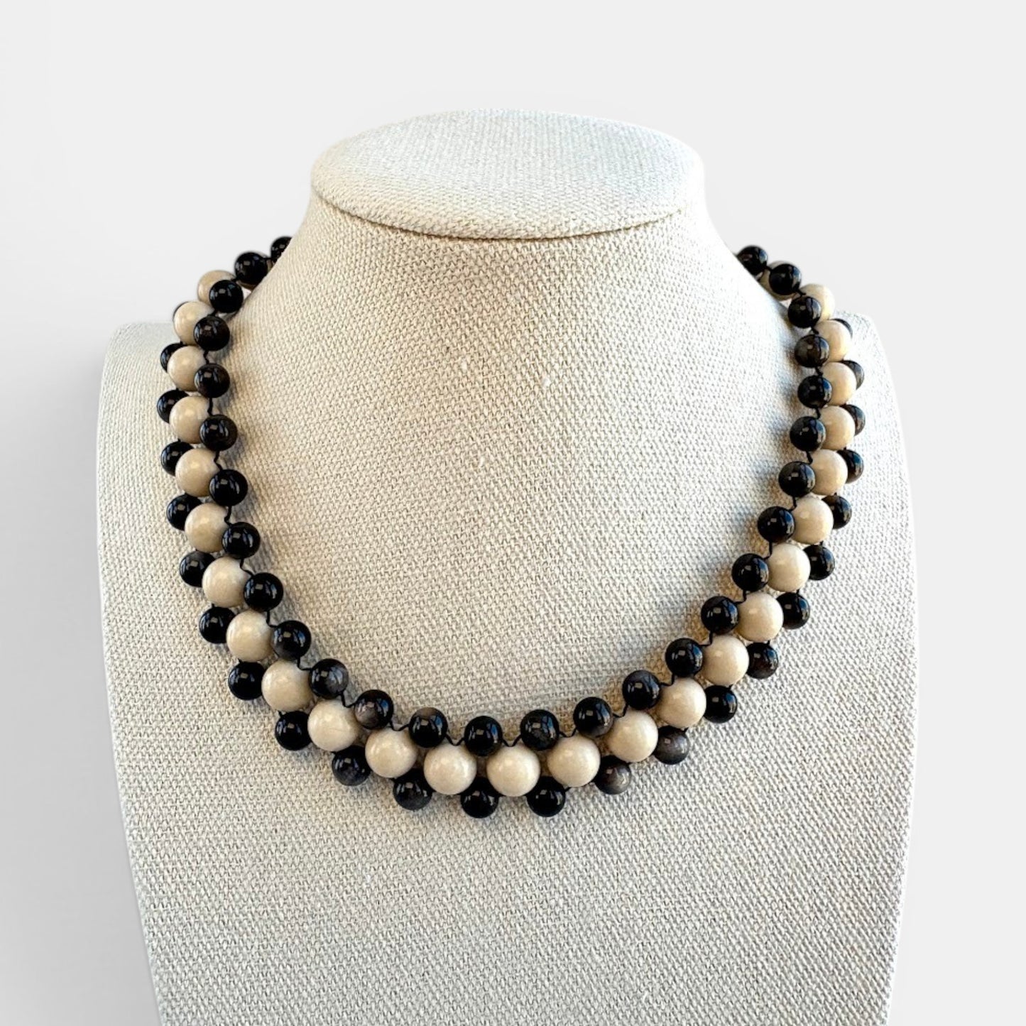 Hollywood Road Stories double strand statement necklace with alternating off-white and charcoal black beads