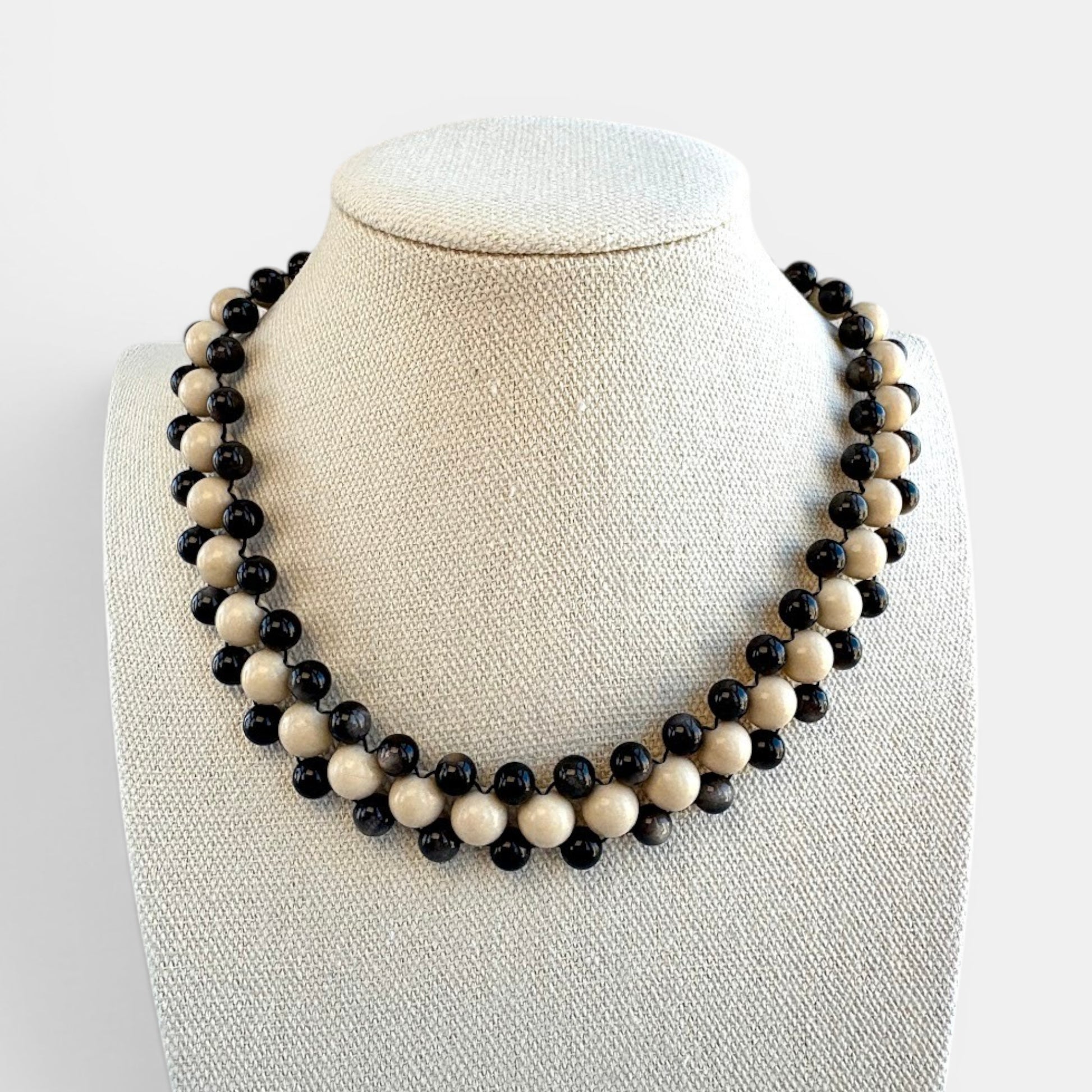 Hollywood Road Stories double strand statement necklace with alternating off-white and charcoal black beads