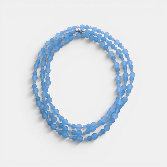 Hollywood Road Stories triple-strand frosted sky blue glass bead necklace with silver-toned spacers.