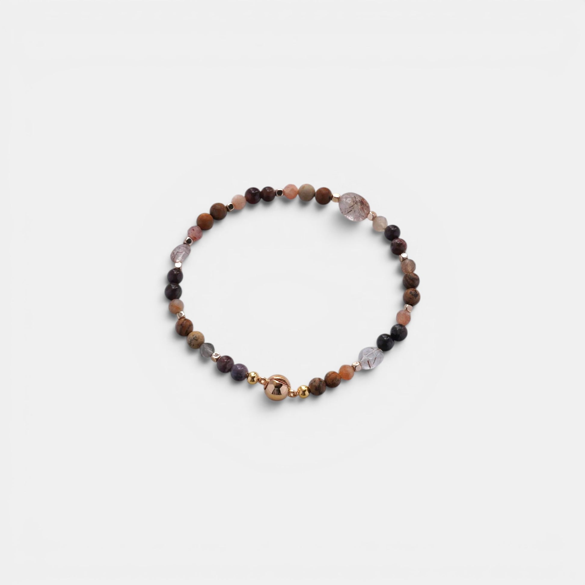 Hollywood Road Stories stretch bracelet with natural gemstone beads in brown, pink, and quartz with gold-tone accents.