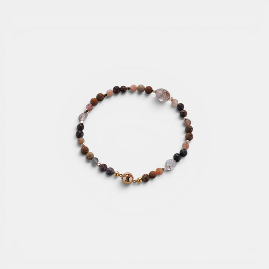 Hollywood Road Stories stretch bracelet with natural gemstone beads in brown, pink, and quartz with gold-tone accents.