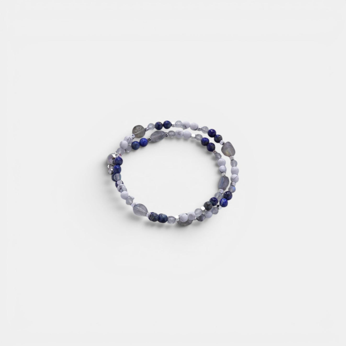 Hollywood Road Stories double-strand stretch bracelet with lapis lazuli, white howlite, and labradorite gemstone beads.
