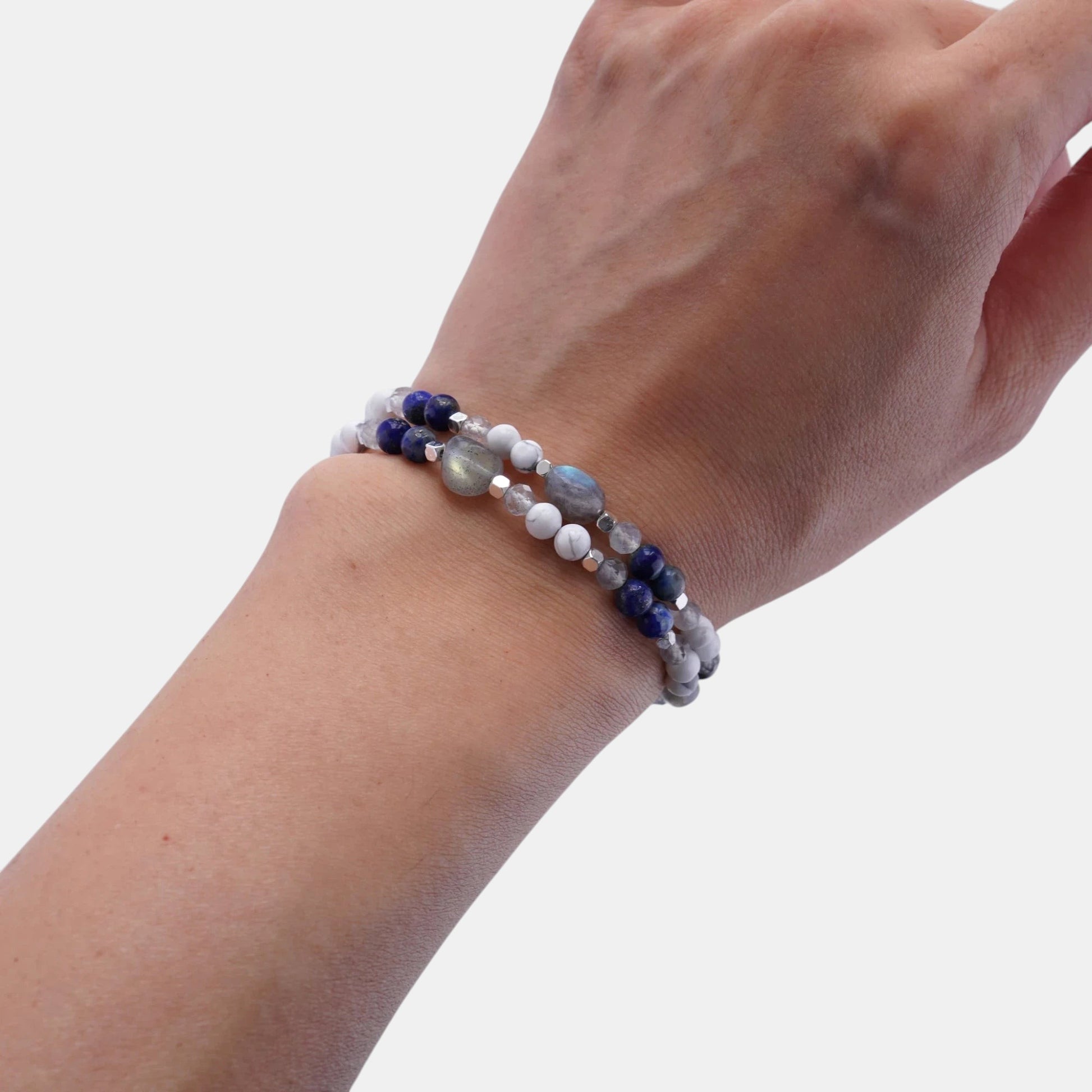 Hollywood Road Stories double-strand stretch bracelet with lapis lazuli, white howlite, and labradorite beads.