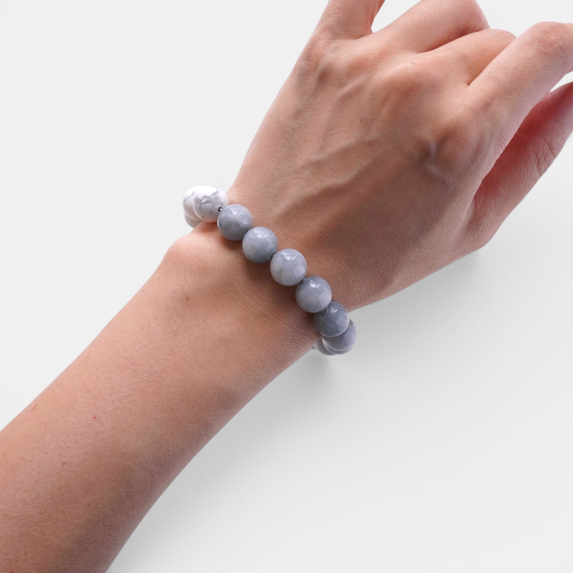 Hollywood Road Stories grey and white marbled natural stone beaded elastic bracelet worn on a wrist