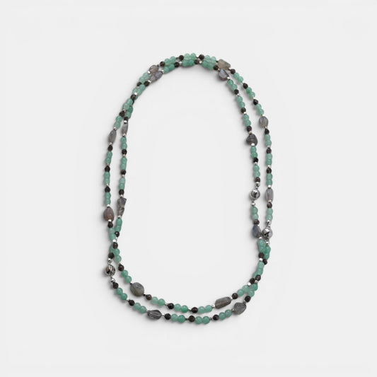 Hollywood Road Stories multi-strand beaded necklace with mint green beads, faceted grey stones, and metallic accents.