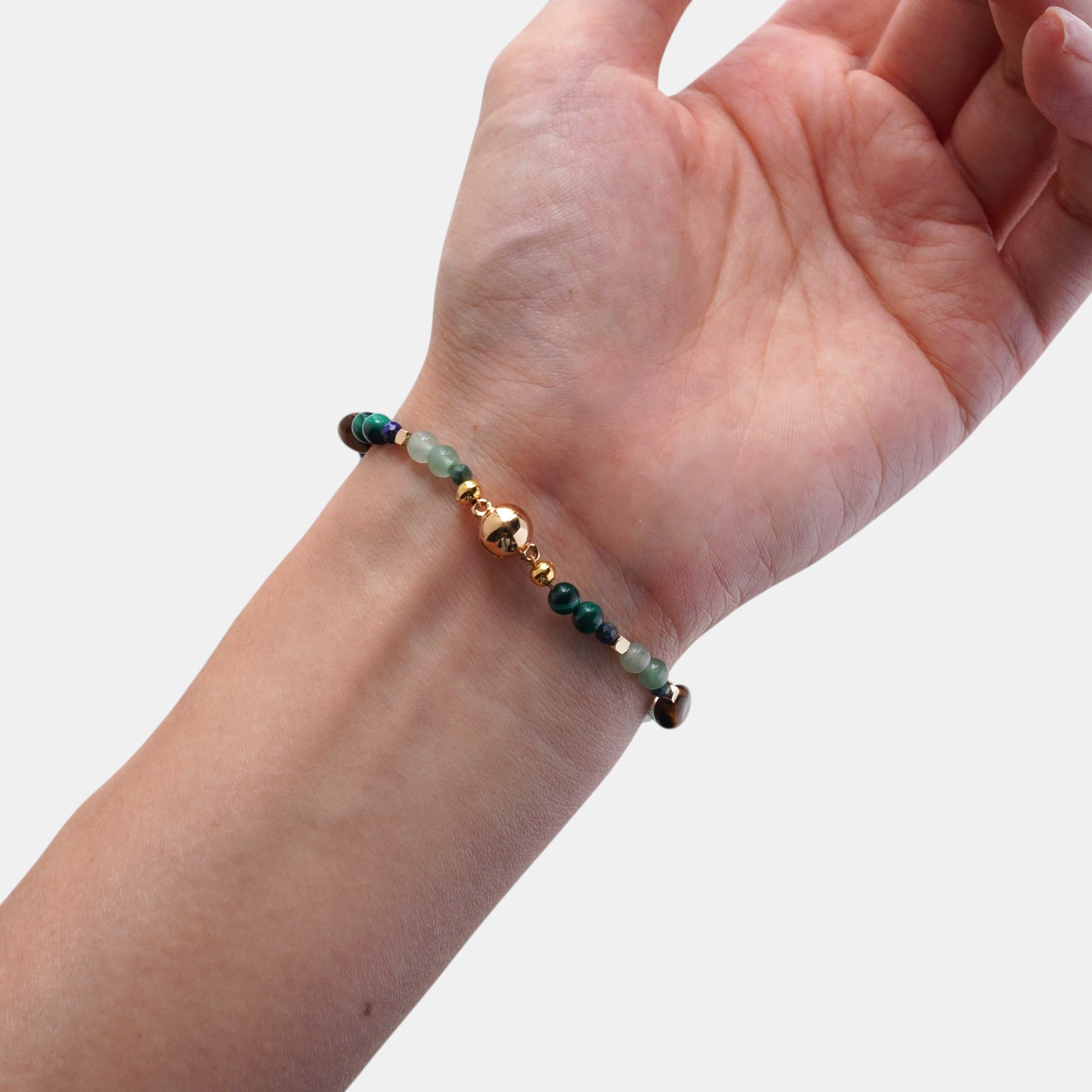 Hollywood Road Stories multi-stone beaded stretch bracelet with tiger eye, malachite, and gold metallic accents.