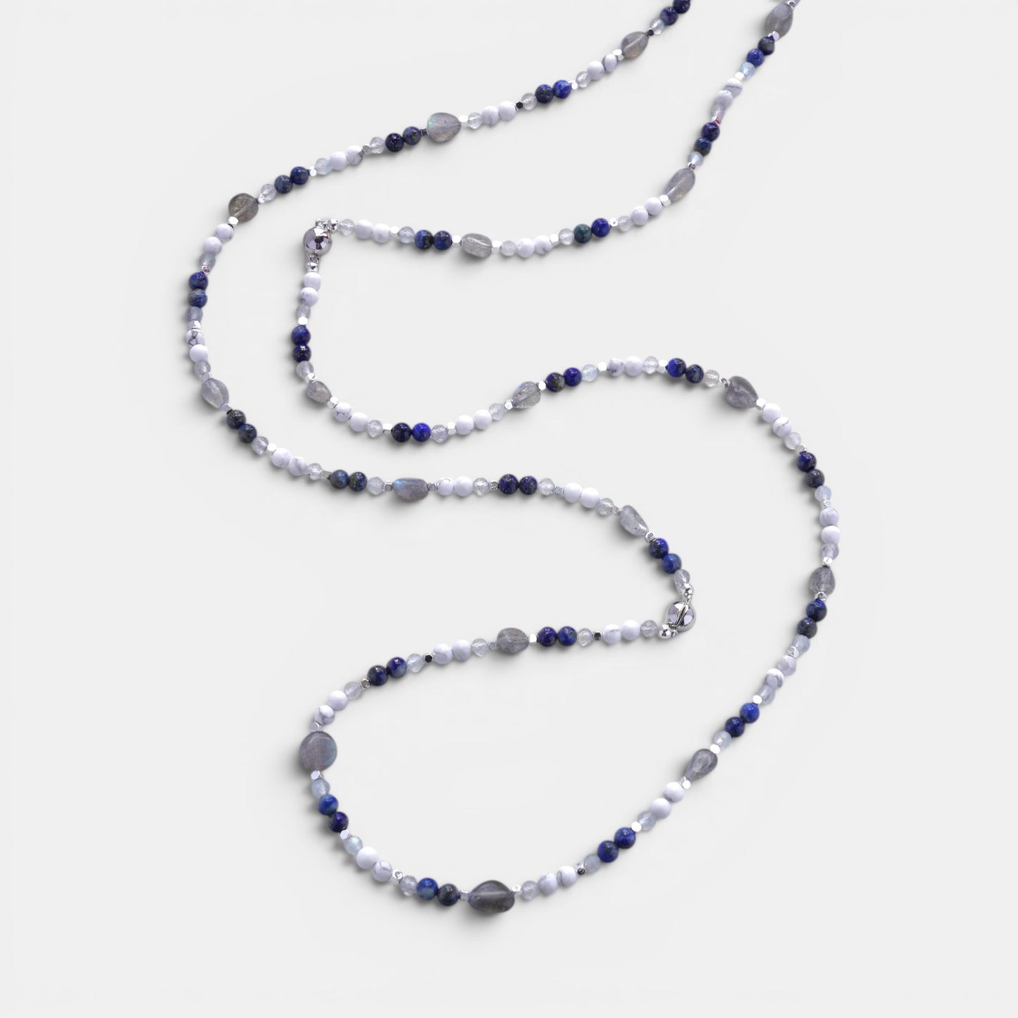 Hollywood Road Stories long beaded necklace featuring white howlite, blue lapis lazuli, and labradorite gemstones.