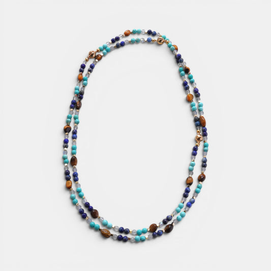 Hollywood Road Stories long beaded necklace with turquoise, lapis lazuli, tiger's eye, and gold-tone accents.