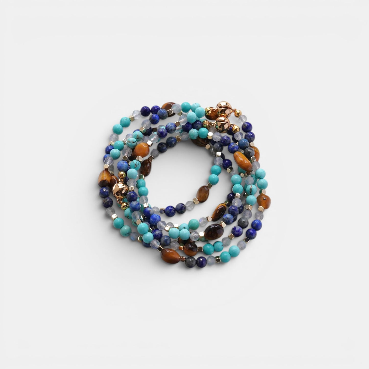 Hollywood Road Stories long beaded necklace with turquoise, lapis lazuli, tiger's eye, and gold-tone accents.