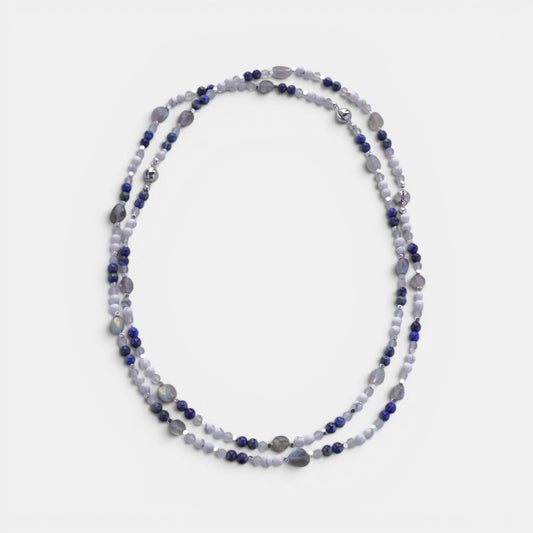 Hollywood Road Stories long necklace with white howlite, blue lapis lazuli, and labradorite beads with silver spacers.