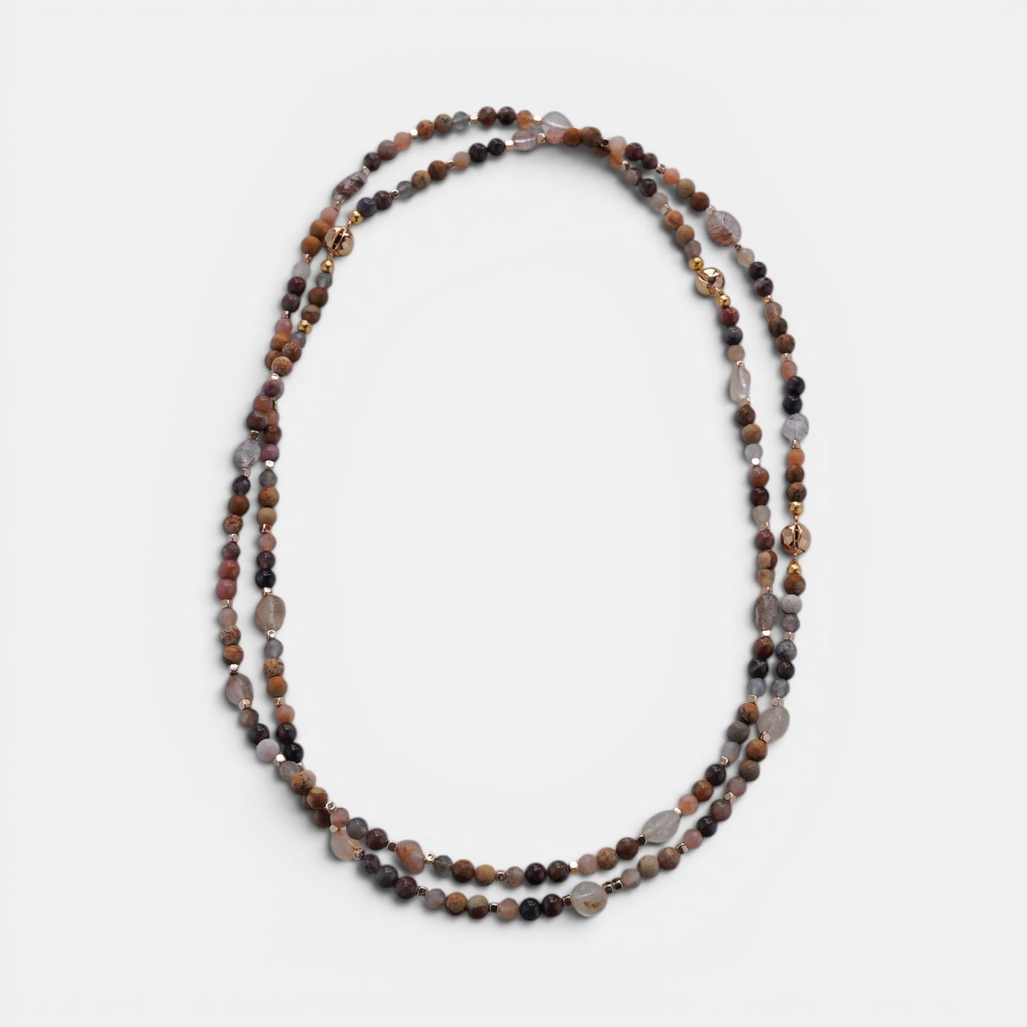 Hollywood Road Stories multi-strand beaded necklace with terracotta, slate grey, and cream natural stone beads.