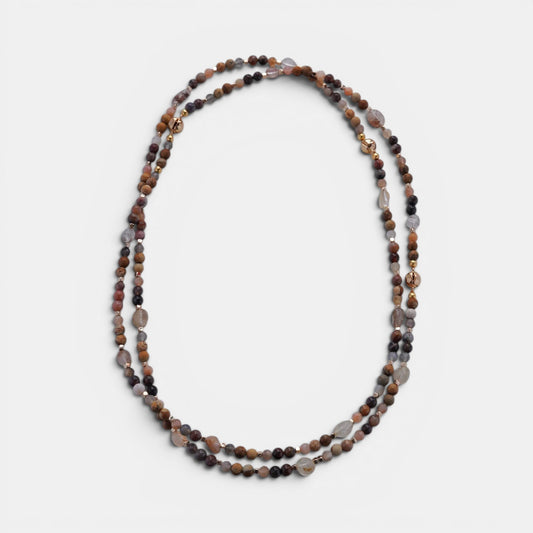 Hollywood Road Stories multi-strand beaded necklace with terracotta, slate grey, and cream natural stone beads.