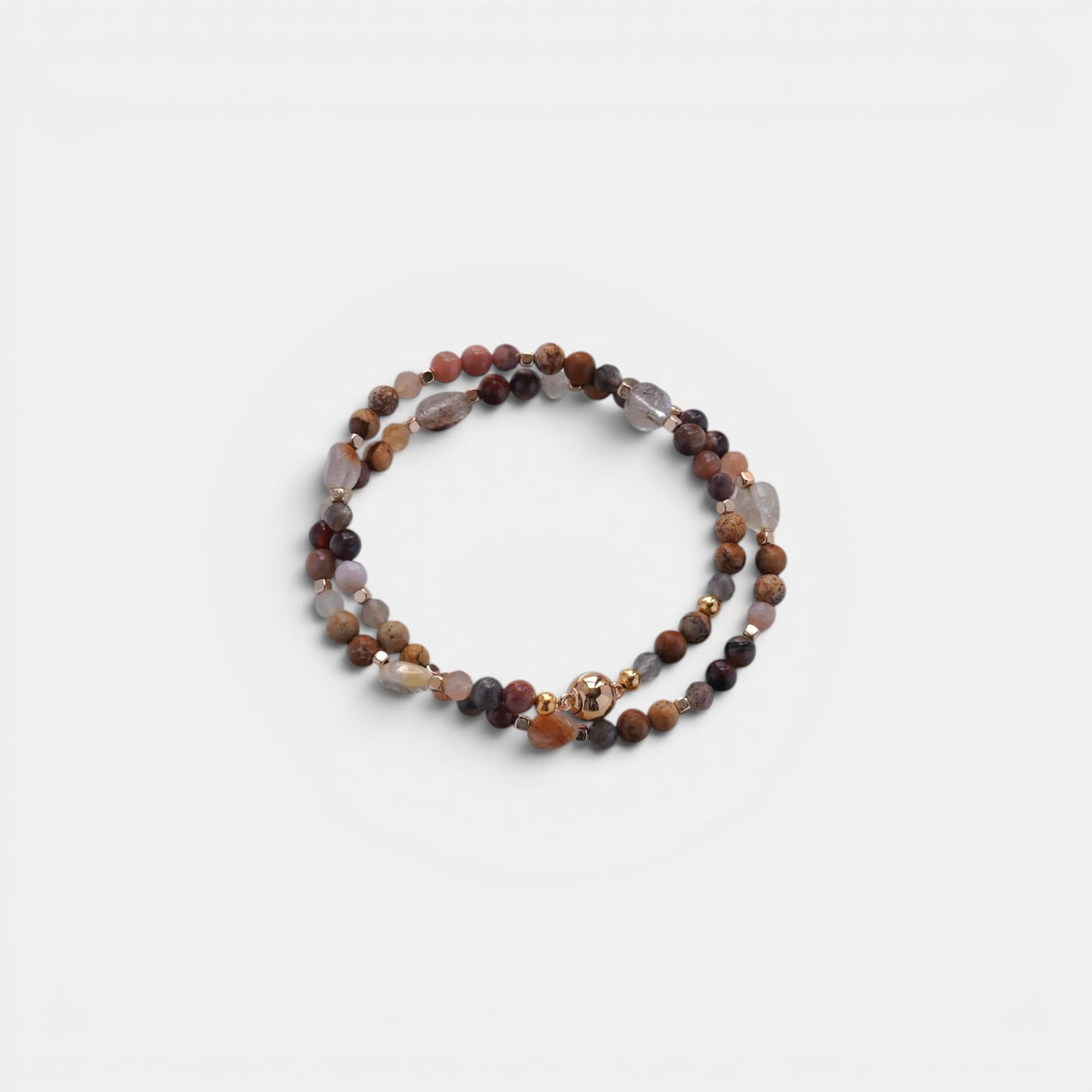 Hollywood Road Stories multi-strand wrap bracelet featuring earth-toned gemstones and gold-tone metallic spacers.