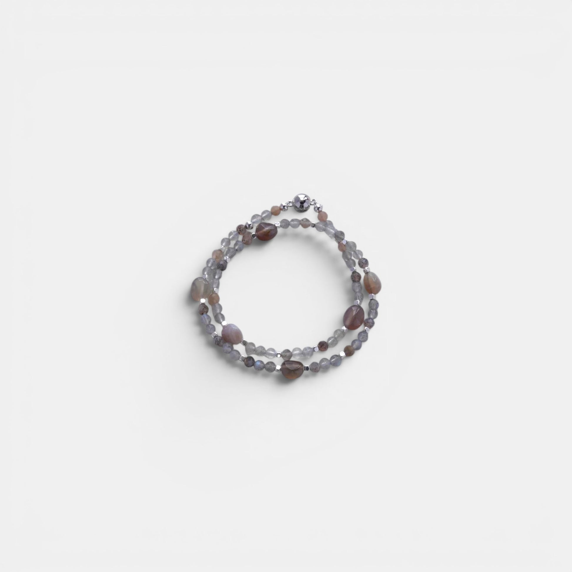 Hollywood Road Stories multi-strand bracelet with faceted grey labradorite and earthy agate beads with silver spacers.