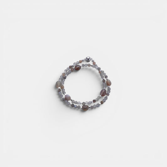 Hollywood Road Stories multi-strand bracelet with faceted grey labradorite and earthy agate beads with silver spacers.