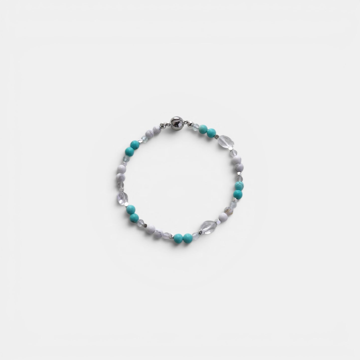Hollywood Road Stories beaded bracelet with turquoise, marbled white stone, and clear crystal beads with silver clasp.