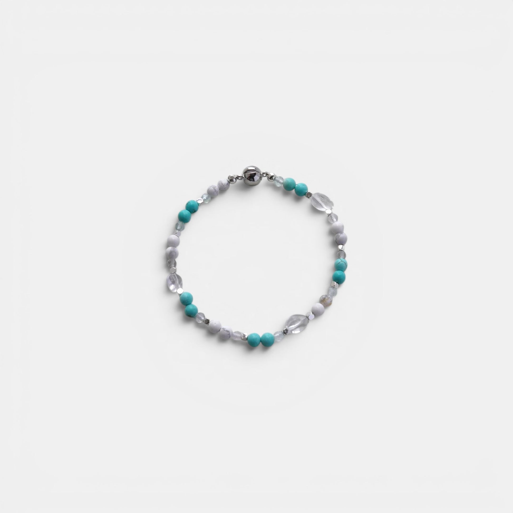Hollywood Road Stories beaded bracelet with turquoise, marbled white stone, and clear crystal beads with silver clasp.