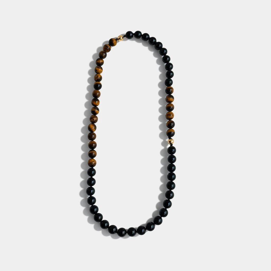 black onyx and golden-brown tiger's eye gemstone long necklace handmade in Hong Kong